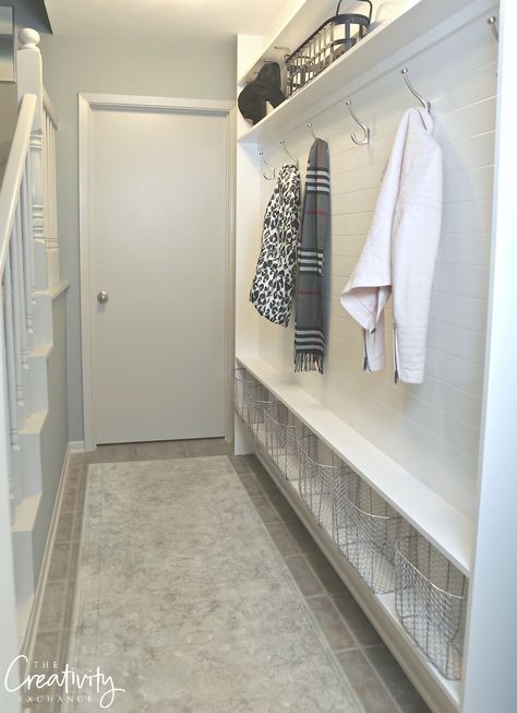 Narrow Hallway Mudroom Using Only 5.5 inches of Depth Mudroom Laundry Room Ideas, Hallway Mudroom, Front Hall Closet, Narrow Closet, Narrow Laundry Room, Small Mudroom Ideas, Entry Closet, Mud Room Entry, Mudroom Entryway