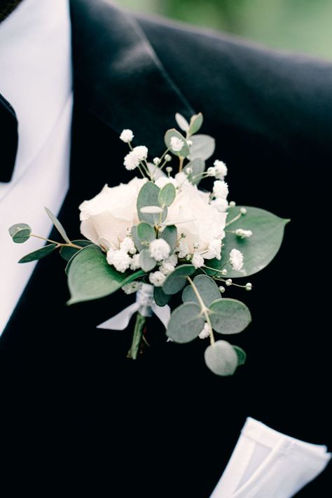 A white groom's boutonniere by Flor Amor, Austin TX. Features white spray roses and delicate baby's breath with assorted greenery. Small Wedding Bouquets, Simple Wedding Bouquets, White Spray Roses, White Flower Bouquet, White Roses Wedding, White Weddings, Wedding Bouquets Bride, Bridal Bouquet Flowers, White Wedding Bouquets