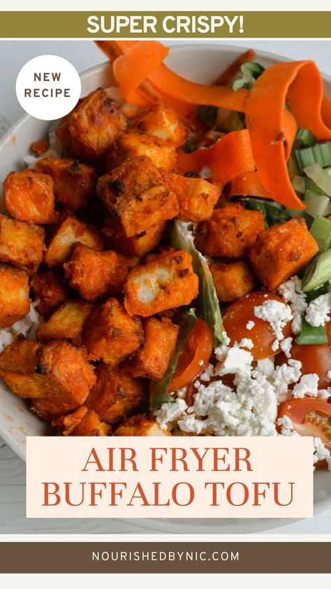 AIR FRYER BUFFALO TOFU Meatless Air Fryer Recipes, Buffalo Tofu Air Fryer, Extra Firm Tofu Recipes Air Fryer, Airfry Tofu Recipe, Buffalo Tofu Recipes, Air Fry Tofu Recipes, Recipes With Buffalo Sauce, Crispy Tofu Air Fryer, Tofu Recipes Air Fryer