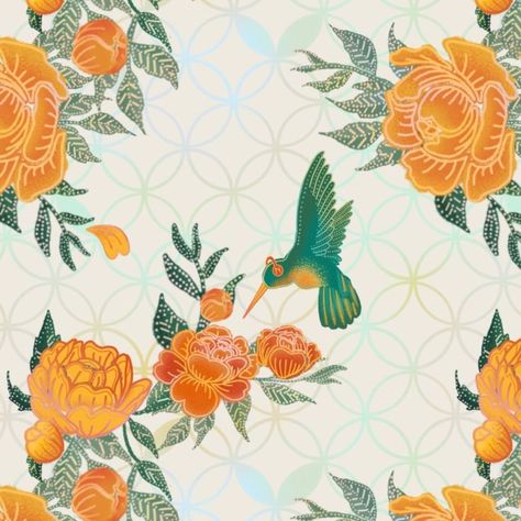 Textile design by Noonya. Hand drawn repeat pattern ft. Hummingbirds and batik-style peonies against peranakan-inspired tiles in cream. Hummingbirds, Lion Dance, Vintage Tile, Repeat Pattern, Inspiration Style, Textile Patterns, Tile Patterns, Repeating Patterns, Fabric Collection