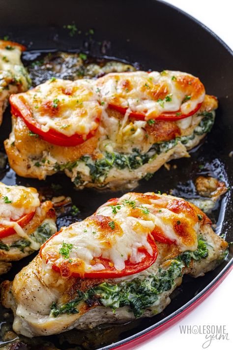 Spinach Stuffed Chicken Breast (6 Ingredients) - Wholesome Yum Easy Stuffed Chicken Breast Recipes, Easy Stuffed Chicken Breast, Easy Stuffed Chicken, Stuffed Chicken Breast Recipes, Spinach Stuffed Chicken Breast, Easy Skillet Dinner, Asian Steak, Stuffed Chicken Breast Spinach, Lasagna Roll Ups