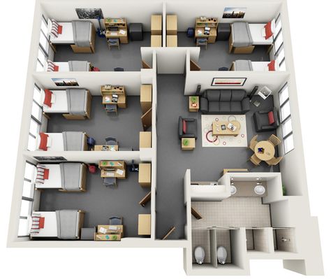 Dorm Layout, Dorm Room Layouts, Office Design Trends, Small Apartment Building, Hostels Design, Hostel Room, 3d Architectural Rendering, Small House Layout, Architectural Rendering