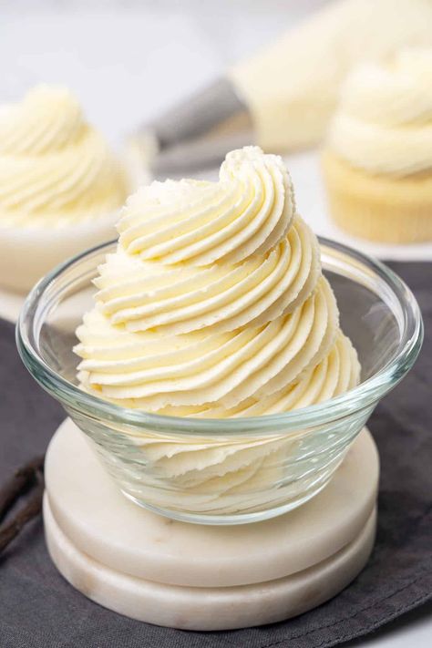 Ermine frosting in a glass. Ermine Frosting, Chocolate Ganache Frosting, Baking 101, Dessert Bites, Swiss Meringue Buttercream, Small Bites, Frosting Recipes, Fancy Cakes, Cream Cheese Frosting