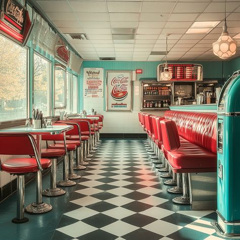 #Vintage diner #interior: #Red seats and checkered floor decorate a #nostalgic diner, evoking mid-20th century American dining #aesthetics. #Vintage #Diner #Interior #Retro #Red #AiArt #AiPhoto #StockCake ⬇️ Download and 📝 Prompt 👉 https://stockcake.com/i/vintage-diner-interior_1354319_1139275 Diner Movie Scene, 50s Style Diner, Eating At Restaurant Aesthetic, 1920s Diner, American Diner Interior, 50s Diner Food, 1950s Diner Aesthetic, 50s Diner Aesthetic, Vintage Restaurant Interior