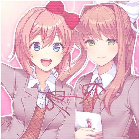 Sayori And Monika, Monika And Sayori, Sayori X Monika, Ddlc Cutecore, Ddlc Pfp, Sanrio Art, Natsuki Ddlc, Alien Stage, Psychological Horror