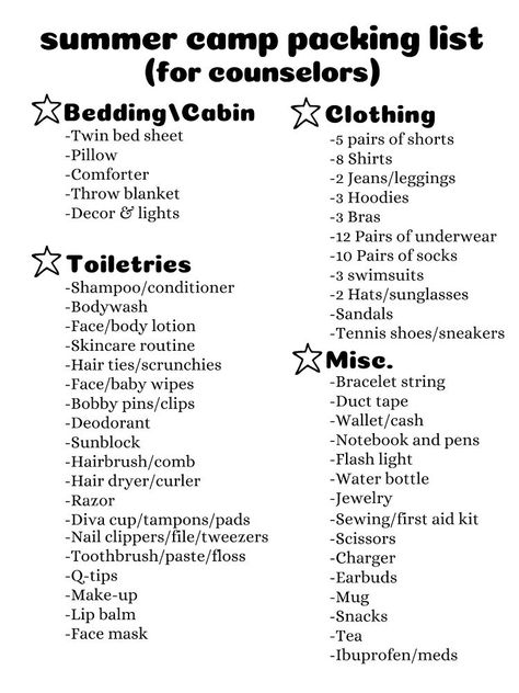 Summer Camp Packing Aesthetic, 4h Camp Packing List, Camp America Packing List, Uca Cheer Camp Packing List, Summer Camp Counselor Packing List, Camp Counsellor Outfits, Bible Camp Packing List, Church Camp Packing List For Teens, Camp Counselor Tips