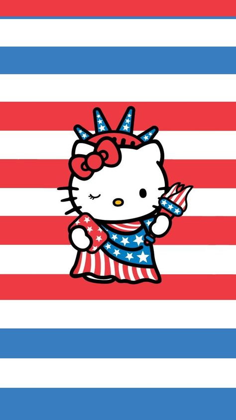 USA Hello Kitty Lady Liberty w/red, white, & blue stripes. Patriotic Wallpaper, July Wallpaper, 4th Of July Wallpaper, Patriotic Background, Images Hello Kitty, Hello July, Hello Kitty Dress, Hello Kitty Art, Hello Kitty Iphone Wallpaper