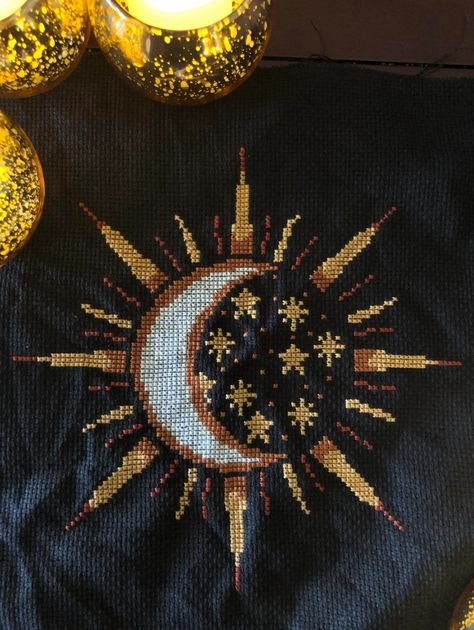 Celestial Cross Stitch Patterns, Cross Stitch Moon, Witchy Cross Stitch, Moon Crochet, Moon Cross Stitch Pattern, Moon Embroidery, Moon Cross Stitch, White Raven, Fantasy Cross Stitch