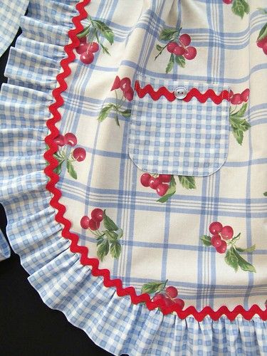 Gingham & Cherries Half Apron | Ruffles and rick rack~ a fun… | Flickr Flirty Aprons, Detail Couture, Pretty Apron, Ruffle Apron, Vintage Aprons, Retro Apron, Cute Aprons, Sewing Aprons, Aprons Patterns