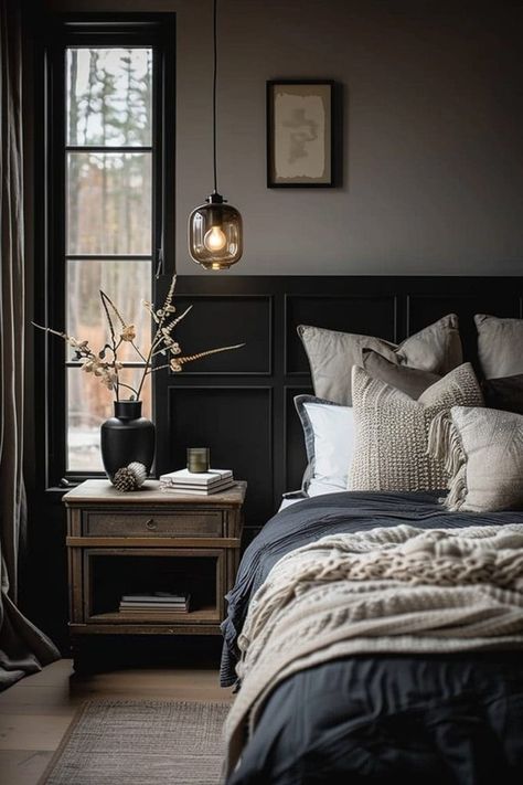 29 Dark and Moody Bedroom Ideas for a Relaxing Ambiance 75 29 Dark and Moody Bedroom Ideas for a Relaxing Ambiance Dark Style Bedroom, Dark Bedding White Walls, Best Moody Bedroom Paint Colors, Moody Cosy Bedroom, Farmhouse Moody Bedroom, Guest Bedroom Moody, Dark Cozy Decor, Moody Country Bedroom, Moody Master Bedrooms Cozy