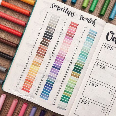 Bullet Journal & Notes 📖 | 4k+ on Instagram: “Crayola SuperTips Swatch Spread! 🎨 . . . . inspiration | @sleepy.bujo . . . . #bulletjournal #bulletjournaling #bujo #bujoideas…” Marker Swatch Ideas, Bujo Swatch Page, Marker Swatches, Tombow Brush Pen Swatches, Pen Swatches Bullet Journal, Crayola Supertips, Bullet Journel, Crayola Markers, Bullet Journal Notes