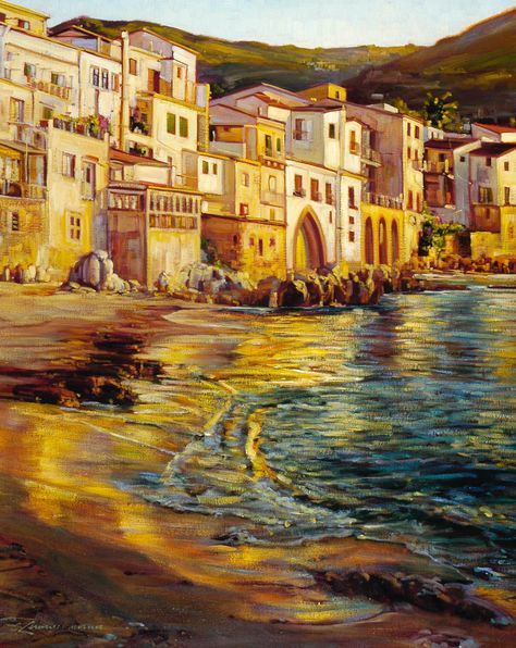 Seascape painting of the ancient fishing village of Cefalu, Sicily with its Moorish influences. Cefalu is where Aleister Crowley, aka "The Wickedest Man in the World", aka "The Beast", established his notorious cult at Thelema Abbey. Sicily Painting, Sicily Art Painting, Sicily Landscape, Sicily Art, Dresser Painting, Italian City Painting, Italian Town Painting, Italy Oil Painting Landscapes, Cefalu Sicily