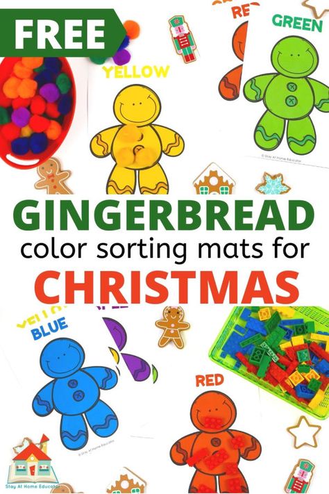 Teach your preschooler colors using these free gingerbread color activities for preschoolers. Add this free printable to your Christmas activities. Preschoolers and toddlers use these gingerbread color mats to sort rainbow color manipulatives. Use this printable to teach colors to your toddler, and find five more ways to teach colors using this free Christmas printable. Preschool Stews And Brews Free, Christmas Toddler Learning Activities, Christmas Math Activities For Toddlers, December Prek Activities, Gingerbreadman Preschool Activities, Gingerbread Man Activities For Toddlers, Toddler Gingerbread Activities, Gingerbread Toddler Activities, Gingerbread Man Prek Activities