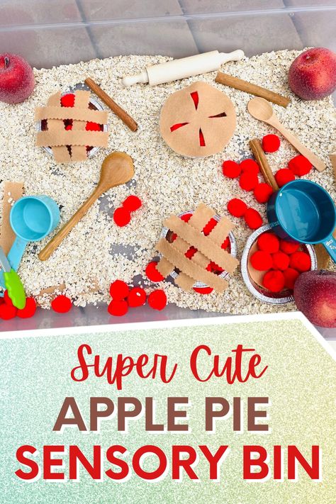 apple sensory bin - kids will love making their own cute pies!  Felt pies, pom poms, scoops, and oats shown in a sensory table Easy Fall Sensory Bin, Pumpkin Pie Sensory Bin, Fall Sensory Table, Cute Apple Pie, Diy Apple Pie, Apple Sensory Bin, Pie Sensory Bin, Sensory Bin For Preschoolers, Apple Sensory