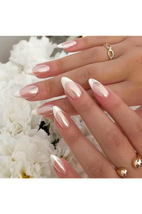 YOSOMK French Tip Press on Nails Almond Medium Fake Nails with Chrome Designs Glossy Nude False Nails Mirror Glue on Acrylic Nails for Women Outfits Casamiento, Ongles Rose Pastel, Manikur Kuku, Nail Tip Designs, Almond Shape Nails, Nails For Women, Nagel Inspo, Girls Nails, Stick On Nails