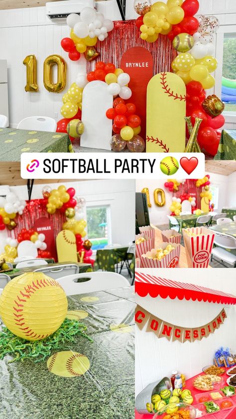 Softball Birthday Party Ideas Diy, End Of Year Softball Party, Softball Bday Party Ideas, Softball Themed Party, Baseball/softball Birthday Party, Softball Themed Birthday Party Games, Softball Sweet 16 Party Ideas, Softball Birthday Party Ideas Food, Softball Banquet Decorations