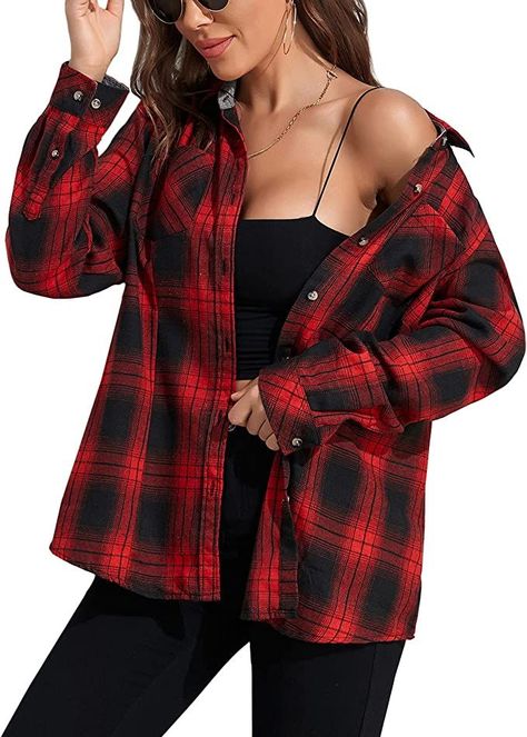 [Sponsored] Amazon.Com: Marzxin Plaid Flannel Shirt For Women Oversized Long Sleeve Button Down Shirts Casual Loose Blouse Tops Black Red Plaid L : Clothing, Shoes And Jewelry #plaidoutfitsforwomenflannels Red Plaid Outfits For Women, Red Flannel Shirt Outfit, Red Flannel Outfit, Plaid Flannel Outfit, Red Plaid Outfit, Flannel Shirt Outfit, Red Flannel Shirt, Flannel Blouse, Black Plaid Shirt