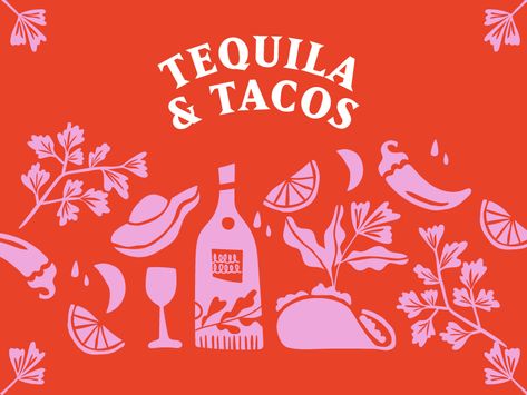 Tequila & Tacos - Illustration by Lauren Leggatt on Dribbble Spanish Graphic Design, Salsa Illustration, Fiesta Graphic Design, Mexican Food Illustration, Mexico Graphic Design, Mexican Graphic Design Illustrations, Mexican Food Branding, Taco Poster Design, Mexican Graphics