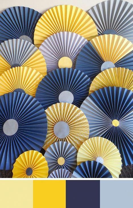 Blue And Yellow Living Room, Blue Lemonade, Best Wedding Colors, Yellow Colour Scheme, Color Palette Yellow, Gold Color Scheme, Wedding Colors Blue, Blue Colour Palette, Paper Fans