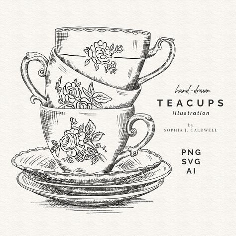 Teacup Art Drawing, Tea Cups Drawing, Teacups Drawing, Tea Set Drawing, Tea Cup Sketch, Cup Of Tea Drawing, Teacups Aesthetic, Teacup Designs Drawing, Tea Set Illustration