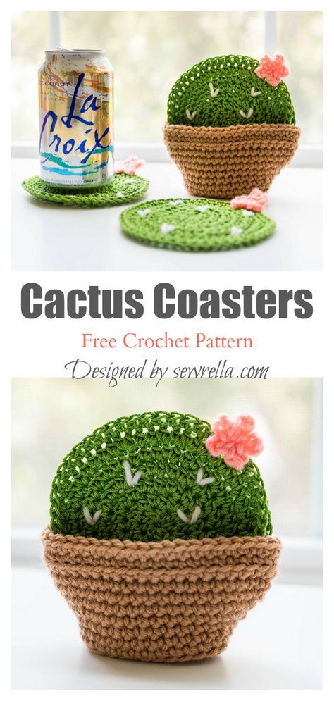 Cactus En Crochet, Cactus Coasters, Crochet Succulent, Crochet Coasters Free Pattern, Easy Knitting Projects, Confection Au Crochet, Crochet Cactus, Crochet Coaster Pattern, Crochet Plant