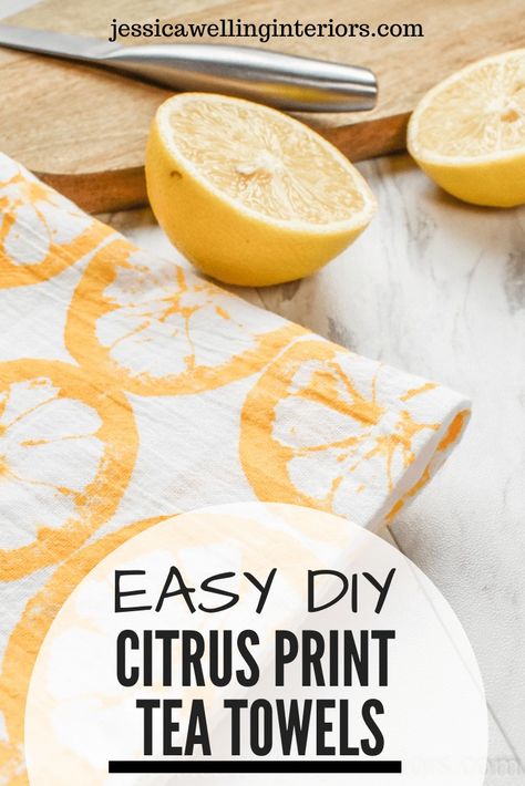 These bright and stylish hand-stamped four sack dish towels are the perfect  easy DIY gift on a budget! Stamp them with lemons, oranges, grapefruit, limes, or any other citrus fruit! Fruit Stamped Tea Towels, Stamped Dish Towels Diy, Diy Fabric Stamping, Handmade Tea Towels, Stamped Tea Towels Diy, Diy Tea Towels Paint, Diy Dish Towels Sewing, Tea Towel Crafts, Tea Towel Crafts Projects