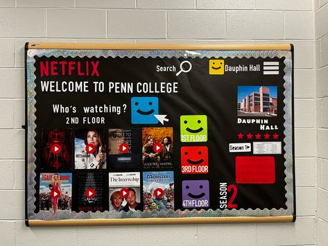 Made this netflix inspired bulletin board for my floor to welcome incoming students to the building. #college #bulletin #bulletinboardideas #reslife #art #dorm Junior Bulletin Board Ideas, Ra Bulletin Boards Welcome To College, Bulletin Board Ideas For College Student, Bulletin Board Ideas Back To School College, Academic Support Bulletin Board, Asb Bulletin Board Ideas, Ra Movie Theme Bulletin Boards, Ra Bulletin Boards Freshmen, Back To School College Bulletin Boards