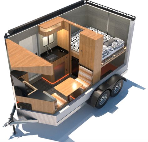 Setting out with the goal of turning a humble cargo trailer into a luxurious camper, Tetravan has created a clean, modern caravan loaded with smart, multipurpose equipment that includes a kitchen that doubles as an office and a stow-away shower. Modern Caravan, Enclosed Trailer Camper, Rv Gear, Cargo Trailer Conversion, Diy Camper Trailer, Cargo Trailer Camper, Box Trailer, Comfortable Camping, Tiny Camper