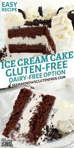 An easy recipe for a gluten-free ice cream cake. Chocolate Oreo ice cream cake with whipped cream frosting. This gluten-free dessert recipe also has a dairy-free option. Lactose Free Ice Cream Cake, Gluten Free Ice Cream Cake Recipes, Dairy Free Ice Cream Cake, Gluten Free Ice Cream Cake, Lactose Free Ice Cream, Homemade Ice Cream Cake, Cream Cake Recipe, Gluten Free Ice Cream, Ice Cream Cake Recipe