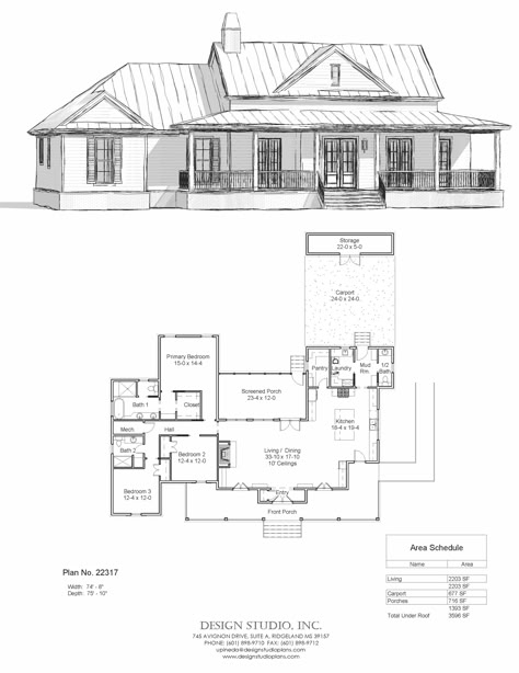 New Farmhouse, 3 bedroom 2.5 Bath Carport Southern Traditional w/ Wrap Around Porch Wrap Around Porch With Carport, Black And White House Exterior, House Wrap Around Porch, House With Wrap Around Porch, Studio House Plans, Farmhouse Layout, Ranch Farmhouse, White Exterior Houses, Studio House