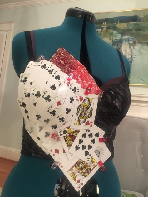 The top for queen of hearts costume made almost entirely from playing cards Card Dress Costume, Deck Of Cards Dress, Playing Card Inspired Outfit, King Of Hearts Cosplay, Queen Of Hearts Card Costume, Playing Card Corset, Playing Card Outfit, Playing Card Costume, Junk Kouture