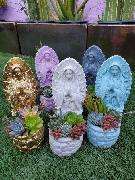 11 inch Virgin Mary planter. Made of light concrete material Mexican Catholic Art, Balcony Art, Clean Vibes, Concrete Material, Lady Madonna, Catholic Decor, Porch Balcony, Mexican Home Decor, Mexican Home