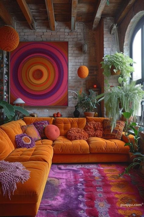 Groovy Hangout Room, Colorful Vintage Living Room, Orange Sofa Decor Ideas, 70s Decor Living Room, Mobile Bookstore, 70s Sofa, 70s Lounge, Living Room 70s, Funky Interior Design