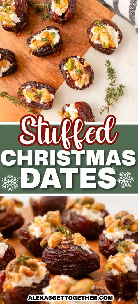 Dates With Goat Cheese, Goat Cheese Stuffed Dates, Cheese Stuffed Dates, Easy Christmas Appetizers, Christmas Dates, One Bite Appetizers, Christmas Appetizers Easy, Stuffed Dates, Christmas Breakfast Recipe