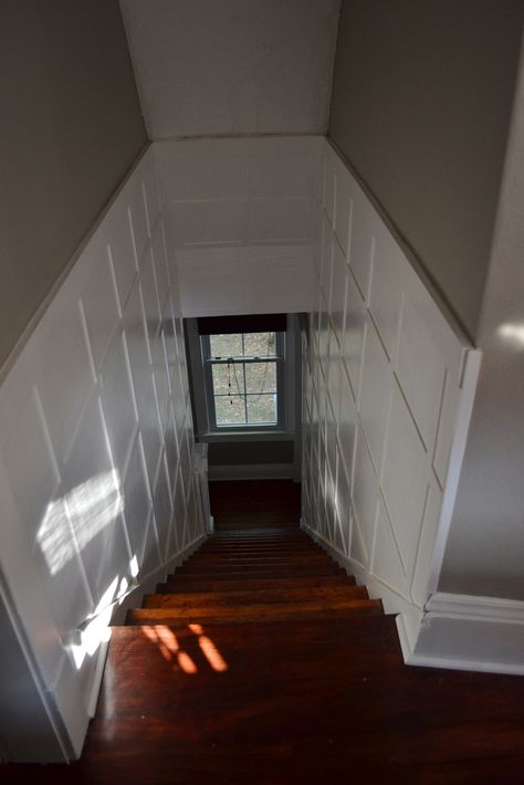 The so-far house: Hallway and stairway - NewlyWoodwards Remodel Staircase, House Hallway, Basement Decor, Board And Batten, Basement Ideas, House Tour, House Tours, A House, Basement