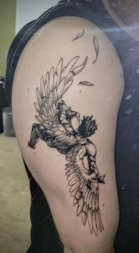 Toothless Hanging Upside Down, Icarus Falling Tattoo Design, Icarus Fell Tattoo, Icarus Leg Tattoo, Fallen Angel Tattoo Designs, Shoulder Sleeve Tattoos For Women, Fall Of Icarus Tattoo, Noah Tattoo, Icarus Falling