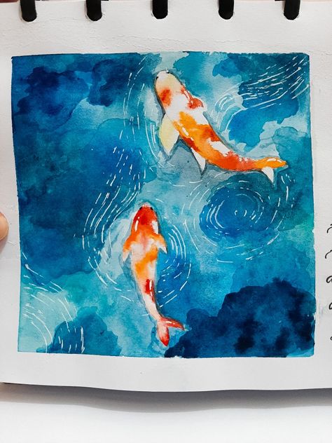 Fishes Watercolor Painting, Koi Pond Watercolor Painting, Things To Paint Reference, Things To Paint In Watercolor, Aesthetic Watercolor Painting Easy, Fish Art Watercolor, Easy Beautiful Watercolor Paintings, Coi Fish Watercolor Painting, Simple Things To Paint Watercolor