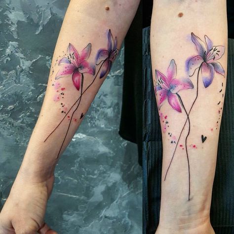 Watercolor Flower Tattoo, Stargazer Lily Tattoo, Flower Tattoo Small, Floral Watercolor Tattoo, Small Watercolor Tattoo, Watercolor Small, Lily Flower Tattoos, Tattoo Watercolor, Watercolor Tattoo Flower