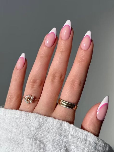 Almond Nails Pink, Pink French Nails, Long Almond, French Tip Nail Designs, Simple Gel Nails, Summery Nails, Pink French, Modern French, Almond Acrylic Nails