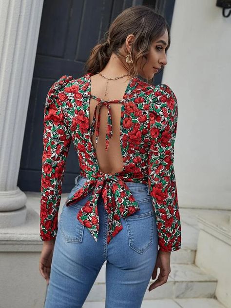 Tie Back Floral Print Crop Top | SHEIN USA Fancy Tops For Women Style, African Tops For Women, African Tops, Floral Print Crop Top, Fancy Tops, Classy Dress Outfits, Classy Casual Outfits, Crop Top Outfits, Looks Chic