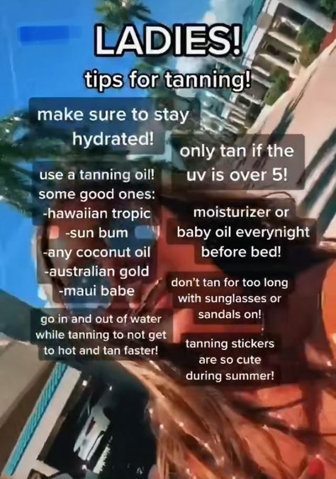 Tanning tips! Does Coconut Oil Help You Tan, Best Uv Index For Tanning, How To Get A Good Tan Natural, Tanning With Coconut Oil, Tanning Tips For Pale People, How To Make Tanning Oil, Tanning Tips In The Sun Natural, How To Tan Without Burning, How To Get A Good Tan