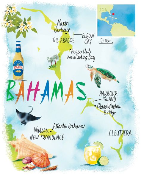 illustrated maps Bahamas Painting, Carribean Map, Bahamas Poster, Bahamas Map, Pineapple Graphic, Atlantis Bahamas, Illustrated Maps, Saint Vincent And The Grenadines, Bahamas Travel