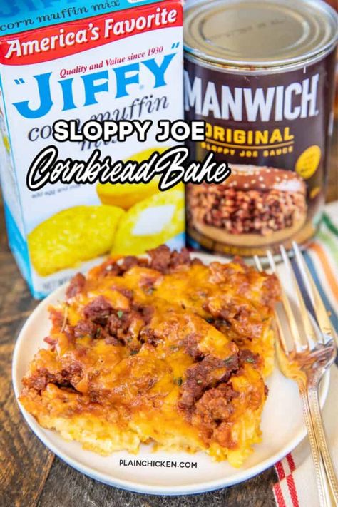 Sloppy Joe Cornbread Bake - Plain Chicken Finger Foods Appetizer Recipes Easy, Frugal Ground Beef Recipes, Ground Beef Family Dinner Recipes, Sloppy Ottos, Ground Beef Comfort Food Recipes, Ground Beef Recipes For Dinner Easy Fast, Polish Hamburgers, Best Sweet Cornbread, Sloppy Joe Cornbread