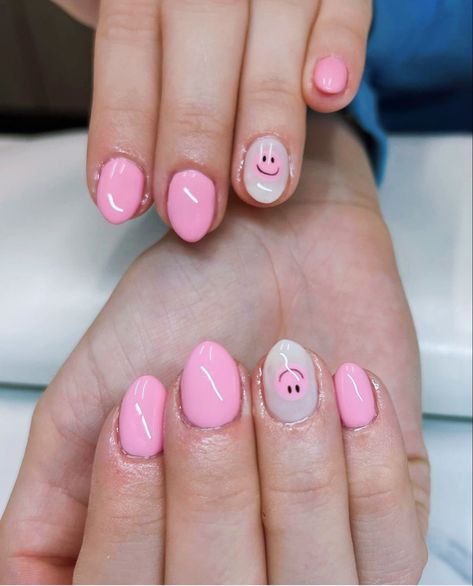 Shortest Nails In The World, Smiley Nails Pink, Preppy Nails With Smiley Face, East Cute Nail Designs, Short Almond Nails Smiley Face, Cute Short Nail Designs Pink, Simple Nail Designs Short Nails Summer, Kiddie Nail Design, Girls Nails Ideas Kids