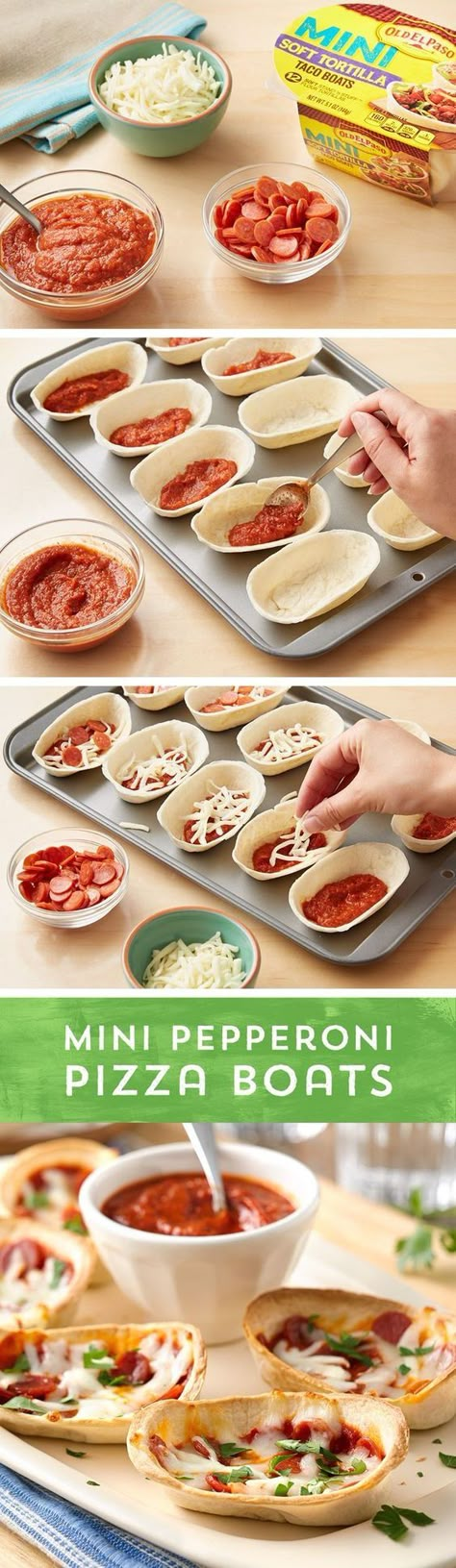 Mini Pepperoni Pizza Boats Pizza Boat, Pizza Boats, Taco Boats, Mini Taco, Pizza Snacks, Mini Pizzas, Mini Pizza, Pizza Pizza, Shredded Mozzarella