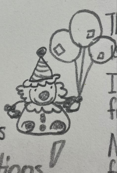 A little clown with fluffy hair, a striped hat, a collared outfit, and holding balloons in his left hand. Lil Clown Drawing, Hallowen Draws Easy, Cute Clown Doodle, Little Character Doodles, Goofy Things To Draw, How To Draw A Clown, Little Guy Doodle, Silly Guy Doodles, Silly Little Drawings