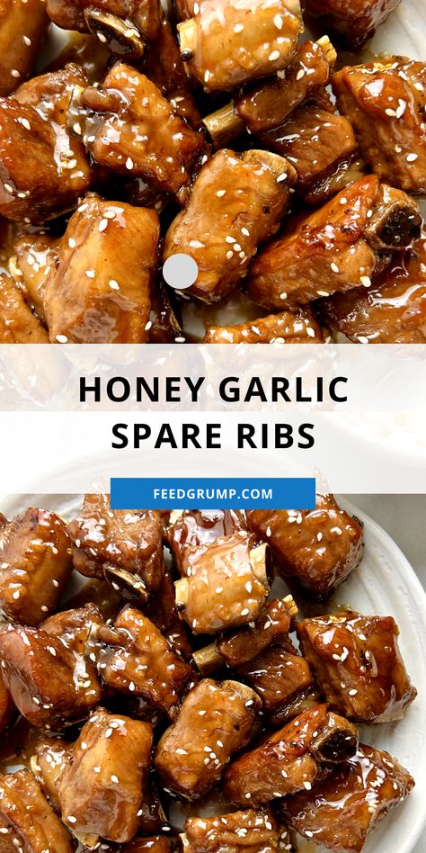 honey garlic spare ribs Garlic Pork Ribs Recipe, Honey Garlic Rib Sauce, Honey Garlic Short Ribs, Boneless Spareribs, Honey Garlic Spare Ribs, Garlic Spare Ribs, Chinese Spare Ribs, Garlic Ribs, Pork Spare Ribs Recipe