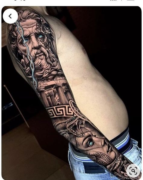 Greek Mythology Tattoos Zeus, Ilia Topuria Tattoo, Versace Tattoo, Mens Full Sleeve Tattoo, Baby Owl Tattoos, Hades Tattoo, Calf Tattoo Men, Greek God Tattoo, Poseidon Tattoo