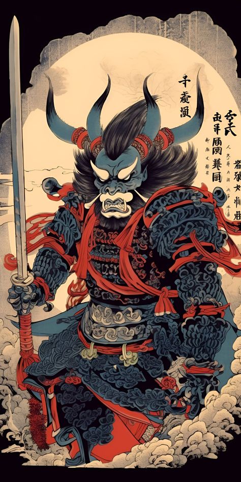 Oni Japanese Folklore, Yokai Japanese Folklore Art, Traditional Japanese Demon Art, Japanese Mythology Wallpaper, Japanese Medieval Art, Oni Traditional Art, Japanese Gods Art, Traditional Japanese Art Samurai, Traditional Japanese Samurai Art