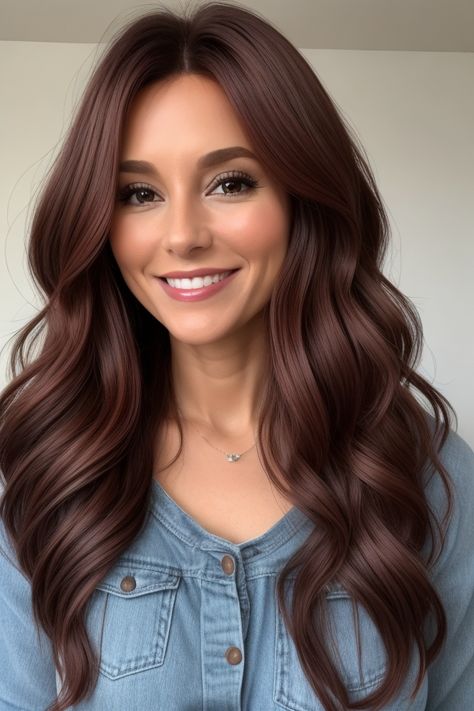 Chocolate Copper Hair Styles | Hairstyles 2023 Copper Hair Trends For Women, Carmel Chocolate Hair, Cognac Brown Hair Color, Dark Solid Hair Color, Hair Ideas For Latinas, Chocolate Brown Copper Hair, Mohagni Hair Color, Chocolate Auburn Hair With Highlights, Brown Eye Hair Color